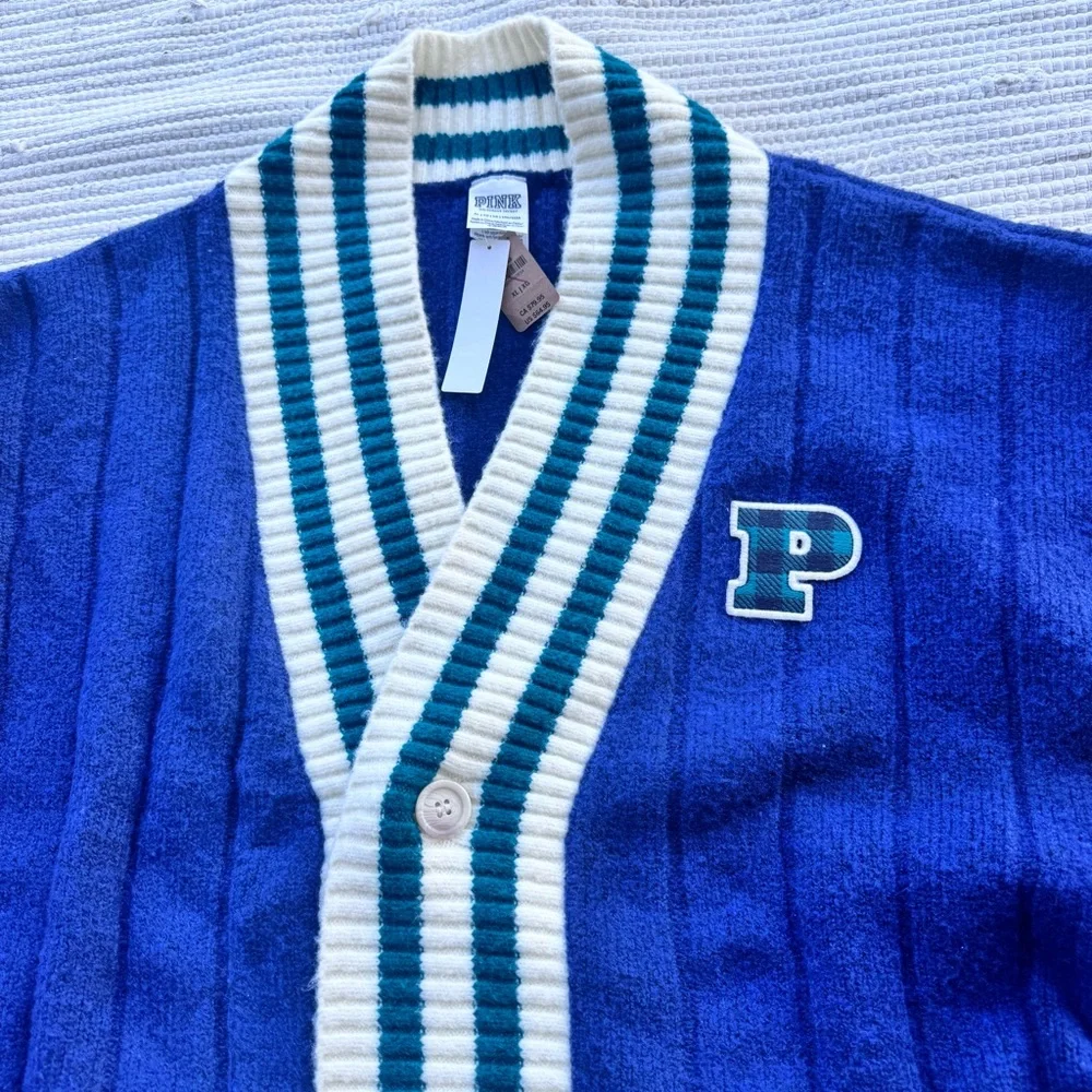 PINK VS Varsity Cardigan Blue Plaid Stripe Cozy Preppy XL NWT